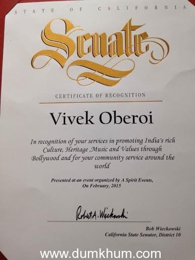 The State of California awards Vivek Oberoi