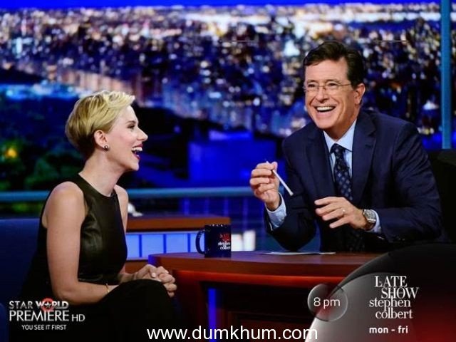 Scarlet Johansson asks an over excited Stephen Colbert to “Stop It!”