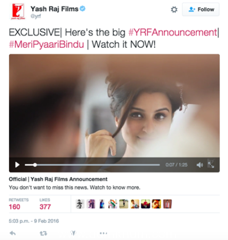 YRF’s upcoming film “Meri Pyaari Bindu”, starring Parineeti Chopra and Ayushmann Khurrana, Unlocked on Twitter!