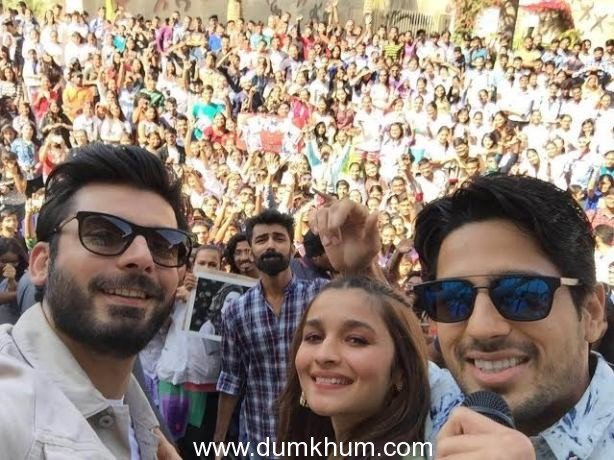 Fawad Khan Alia Bhatt and Sidharth Malhotra promote Kapoor and Sons at a college in Ahmedabad