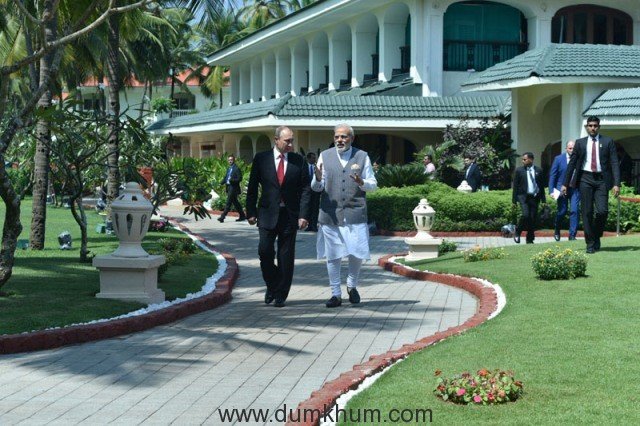 The Prime Minister, Shri Narendra Modi and the President of Russian Federation, Mr. Vladimir Putin moving for media statement and MoU exchanges, in Goa on October 15, 2016.