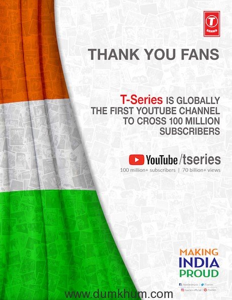 Bhushan Kumar’s T-Series makes India proud as T-Series crosses 100 million subscribers on YouTube.