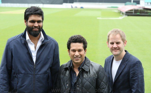 Producer Ravi Bhagchandka, Sachin Tendulkar and Director James Erskine at The Kia Oval during the promotions of the movie Sachin A Billion Dreams