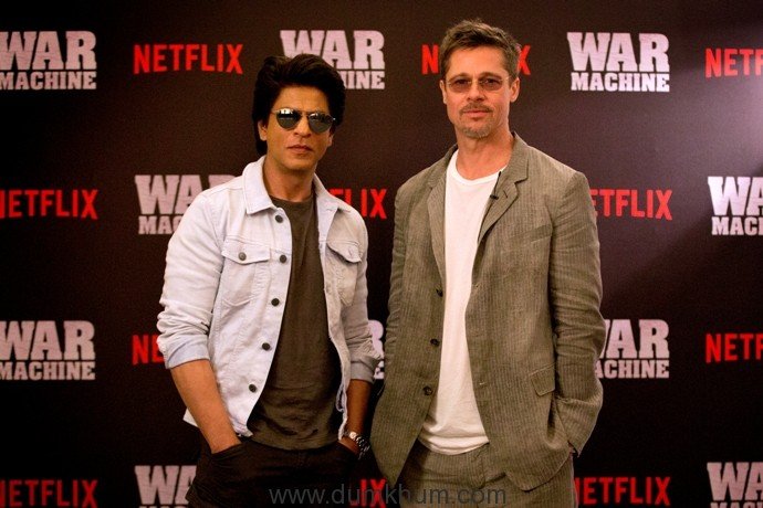 Hollywood Movie Star, Brad Pitt with Bollywood Movie Star, Shah Rukh Khan, at the Oberoi Trident Towers in Mumbai, India, to promote Brad Pitt’s newest film, War Machine, which is releasing on Netflix on May 26, 2017.