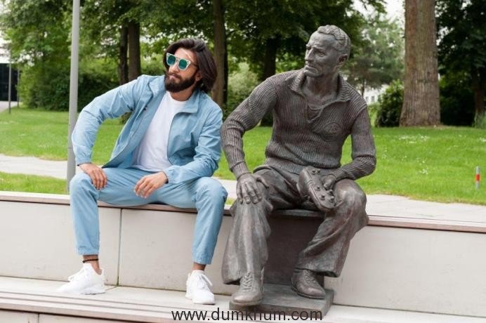 Ranveer Singh with iconic Adi Dassler statue at the adidas HQ
