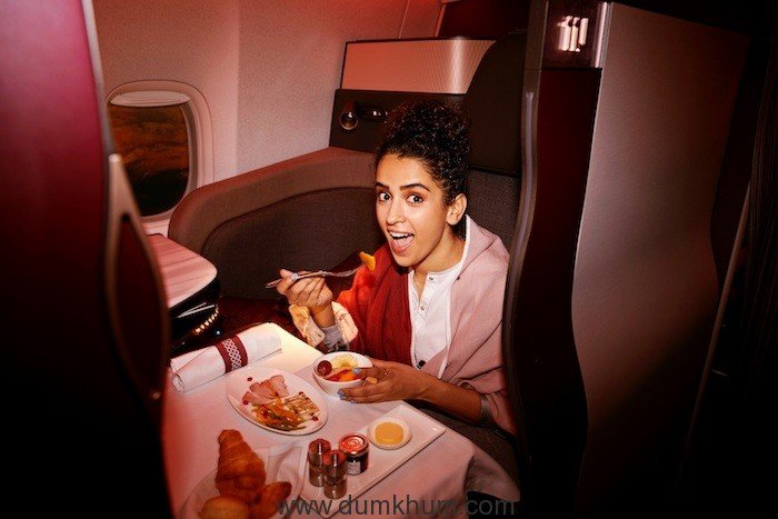 Sanya Malhotra onboard the Qsuite on Qatar Airways